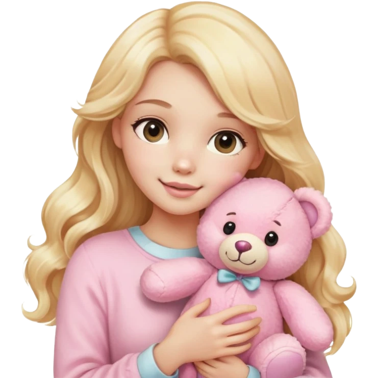 An emoji of a blonde woman holding a plush pink teddy bear. She has long, wavy golden hair and a gentle, happy expression. The teddy bear is soft, fluffy, and pastel pink, giving a cute and cozy vibe emoji