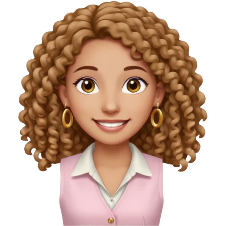 mujer un poco morena (no demasiado), pelo rizado largo, sonriendo, con ojos grandes y marrones con camisa rosa palo y un chaleco blanco y aretes dorados en forma de circulo en sus orejas  emoji