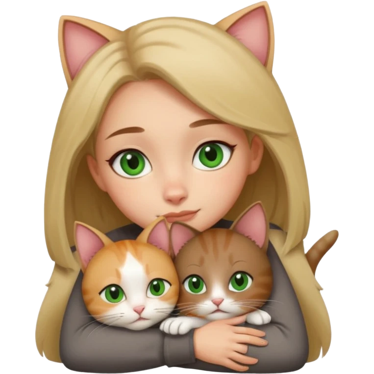 A girl with a square with a mole on her right cheek and square-green eyes hugs a cat emoji