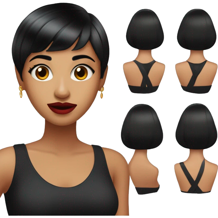 Young Indian women half shaved head and half with bob haircut with bangs (black hair) (Wearing black sleeveless top) (Makeup) (Red lipstick) (holding hair shavers in one hand) emoji