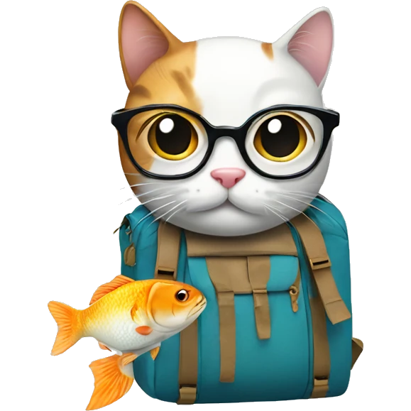 Cat with a backpack and inside backpack a fish with glasses emoji