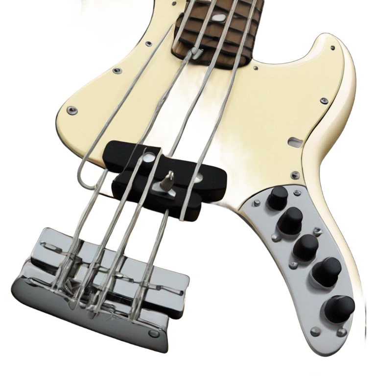 Cream colored fender fretless jazz bass with white tort pick guard emoji
