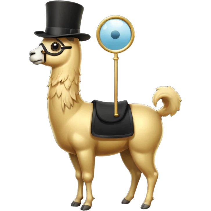 A small golden llama silhouette wearing a black top hat and a monocle full body shot emoji