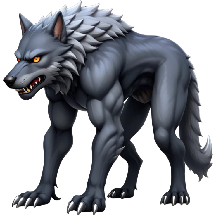 cinematic-noble-fierce-werewolf-full body on all fours-emoji, poised-and-imposing, with a tall, lean, and muscular wolfish frame inspired by the brutal, imposing shape of the beast from Berserk, fur rippling in shades of midnight black and silver, massive paws with razor-sharp claws, elongated limbs and fangs, eyes glowing with an intense, primal ferocity, reflecting the untamed power of the wild moonlit night; rendered with realism like a wolf hunched over emoji