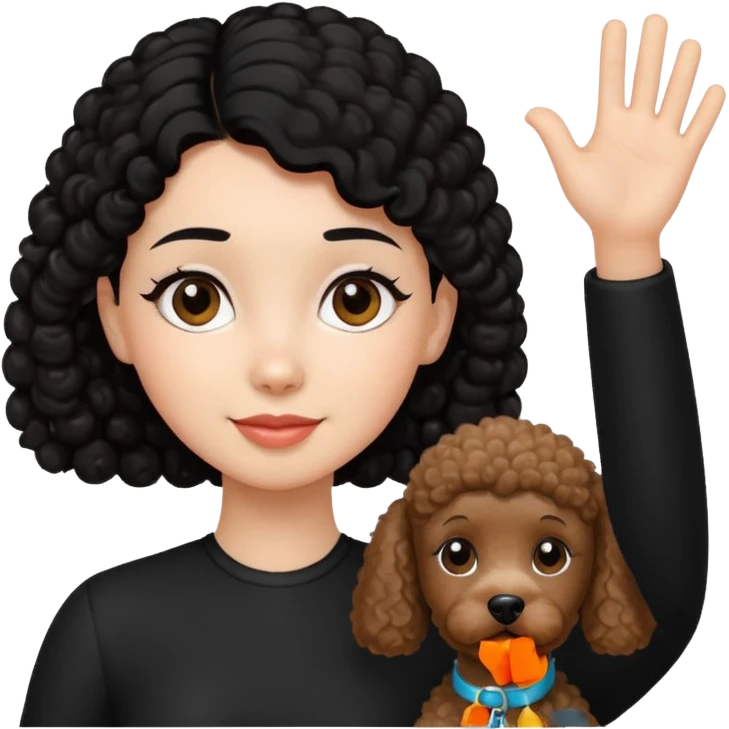 Ponytail black hair girl with brown Poodle say goodbye  emoji