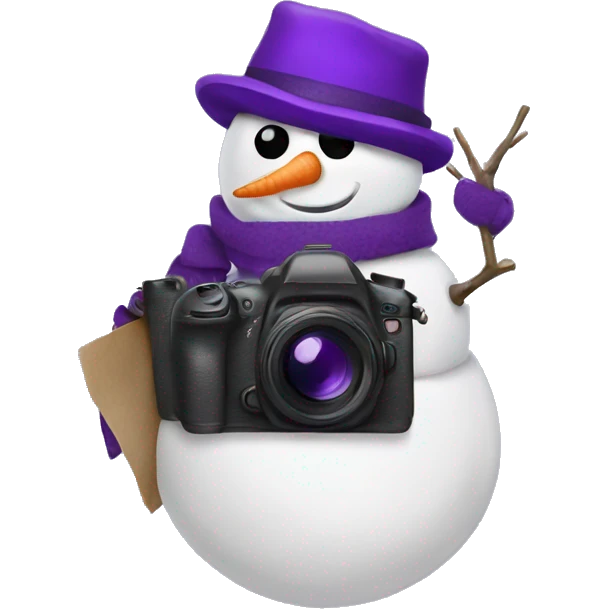 snowman holding a camera with a purple hat emoji