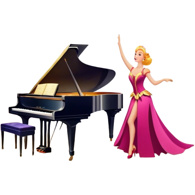 A vintage movie poster-style design featuring musical notes, a shining spotlight, and performers in glamorous costumes. Include elements like a dancing couple, a grand piano, and colorful stage lights. Retro cinematic flair with a lively and joyful atmosphere. Transparent background. emoji