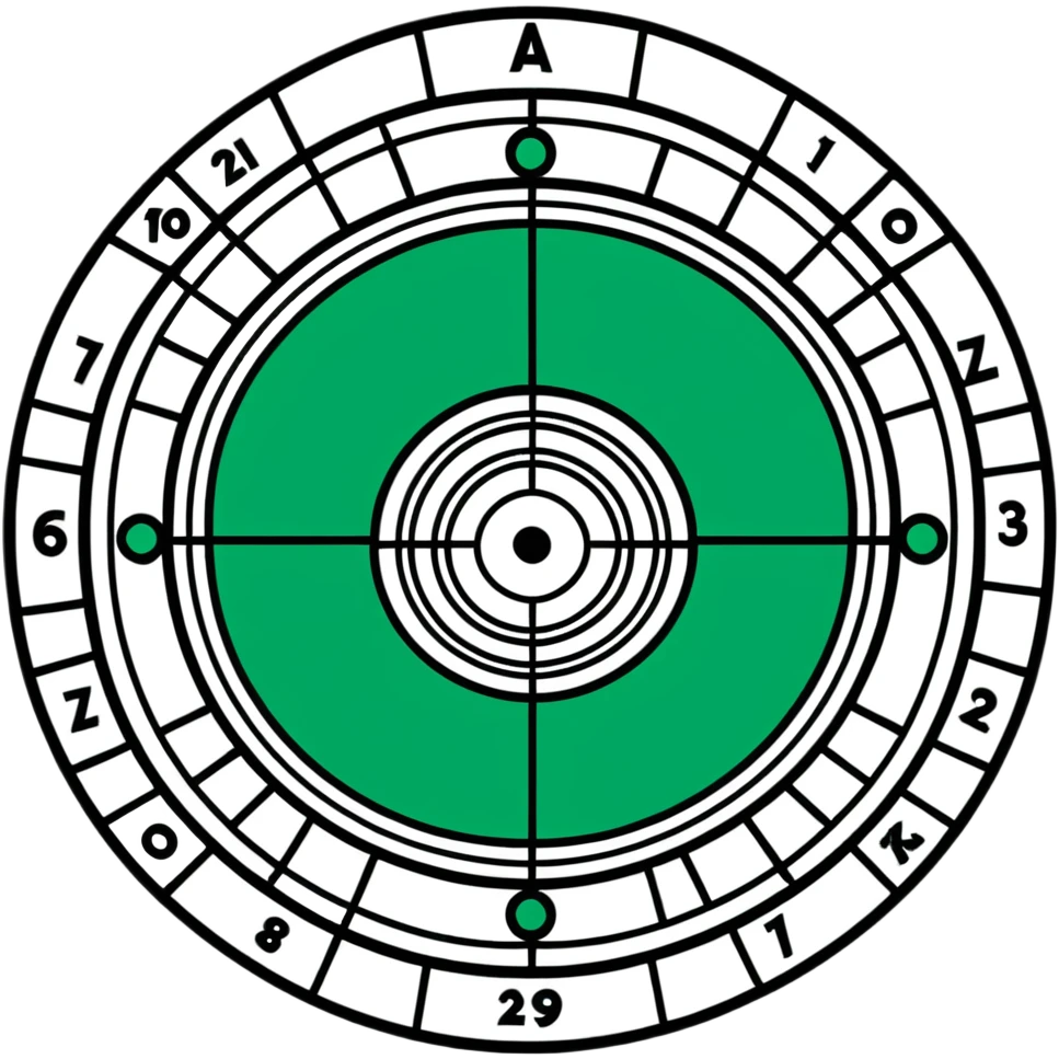 Precise Maya calendar glyph, geometric circular design with straight lines, only white and dark green, rigid angular divisions emoji