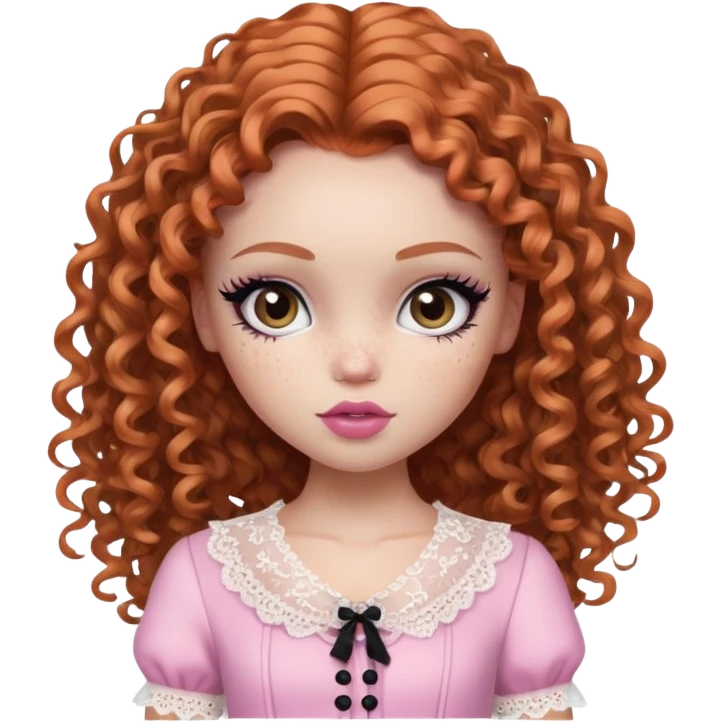 pretty bratz girl, ginger curly hair, freckles, dark brown eyes, pink lips, black eyeliner, pale skin, cute lace girly clothes emoji