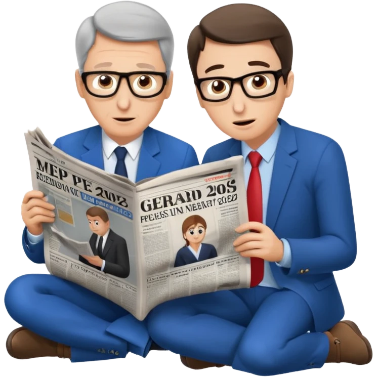 Gérard Larchet et yael braun pivet qui sont assis à genoux et qui lisent un seul et même grand journal et qui semblent émerveillés sur le journal on peut voir marque MEP 2026 au,milieu d’un article  emoji