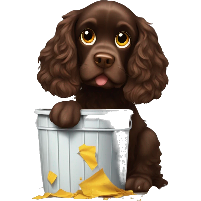 Chocolate brown cocker spaniel stealing rubbish from the dust bin and making a mess emoji