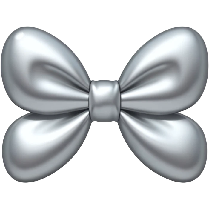 A cute bow emoji made of polished silver chrome, smooth rounded loops, glossy metallic surface, soft mirror reflections, subtle highlights, minimal and adorable proportions, iOS emoji style, centered composition, clean white background, soft studio lighting, no text, no outline, ultra high quality emoji