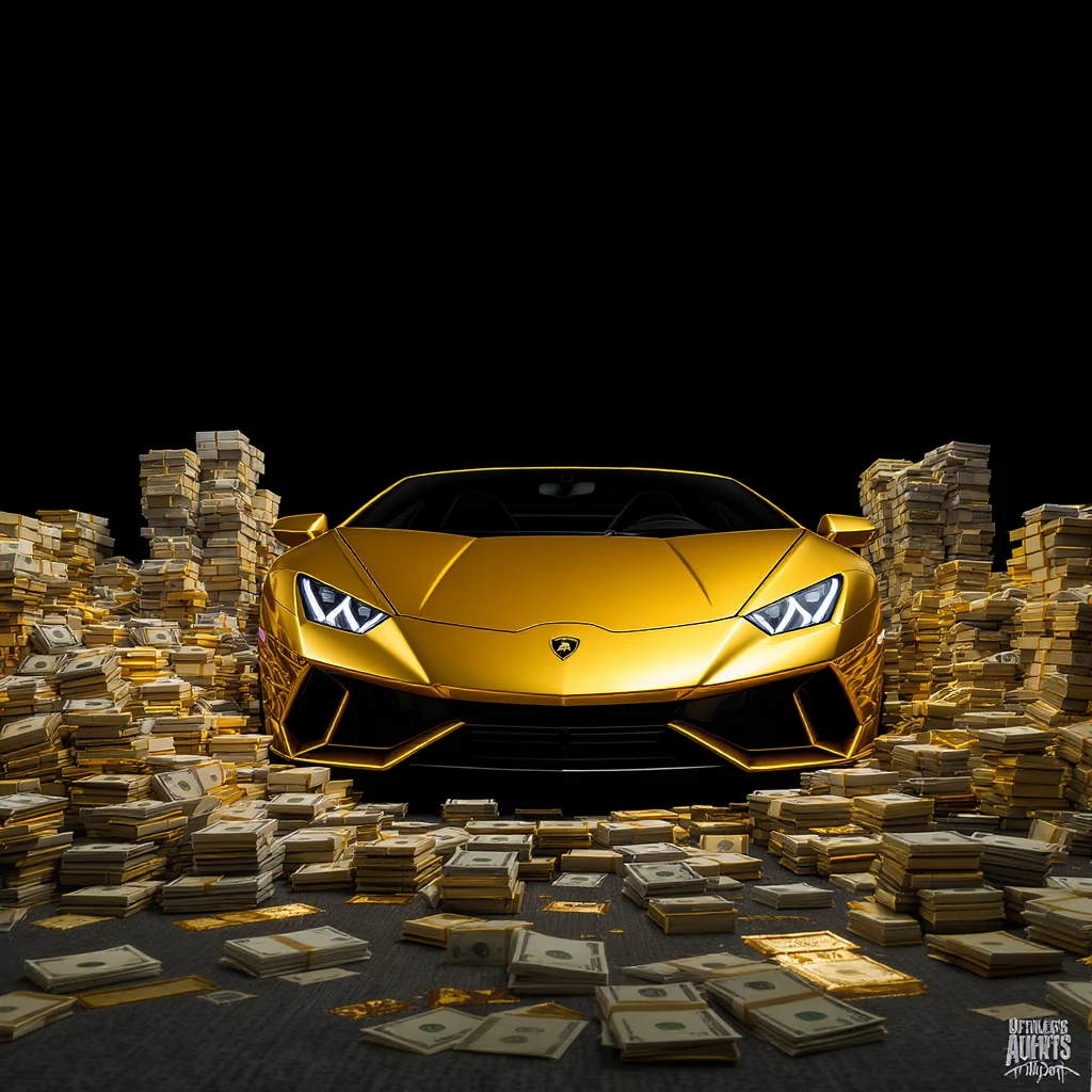 GTA V art style, digital paint, gold lamborghini huracan standing between a lot of gold and money , symmetrical, black solid color background, studio, low angle emoji