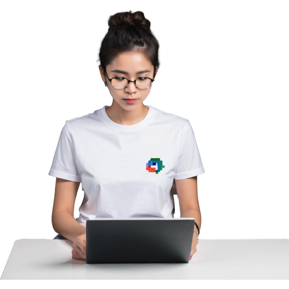 programmer with glasses, white t-shirt, sitting with a notebook emoji