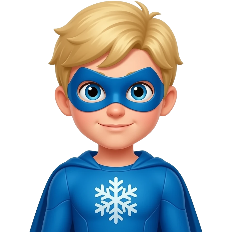 quiero que me hagas a un superheroe con el pelo rubio mascara azul i con un traje azul i un simbolo de copo de nieve que sea UN NIÑO emoji