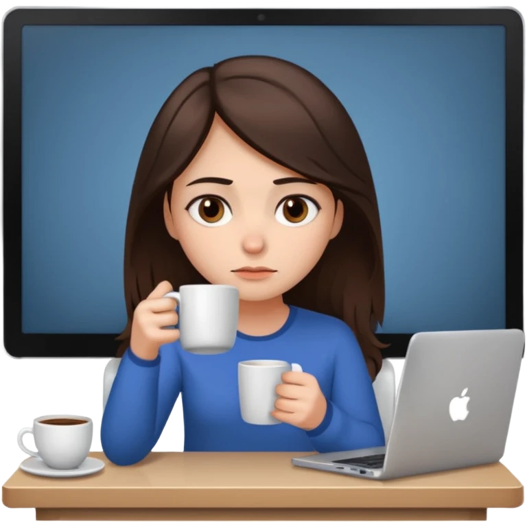 A brunette girl with dark brown eyes, dark circles under eyes, tired, sad face, with a mug of coffee in one hand and sitting in front of a computer emoji