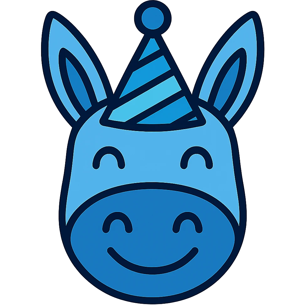 Add a colorful party hat with blue tones to the happy donkey head icon, in color outline style, with no background. emoji