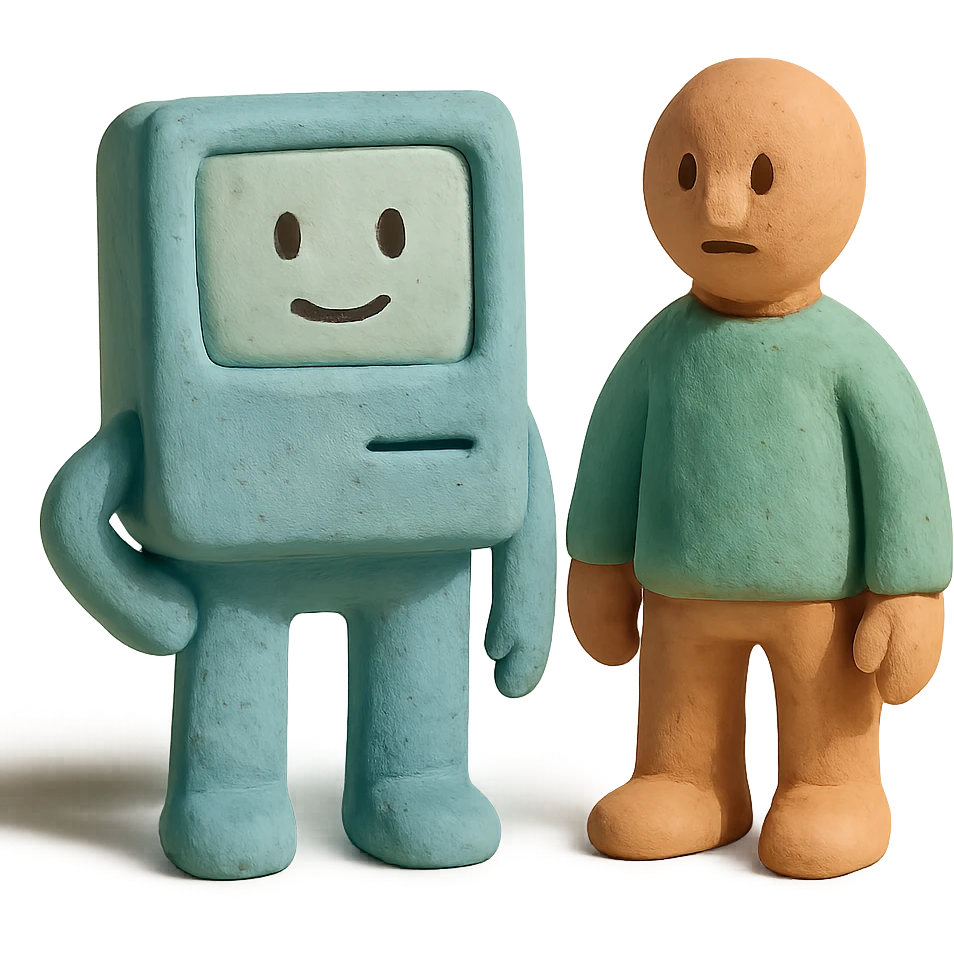 Mac and Chesser as claymation figures with visible texture and pastel palette emoji