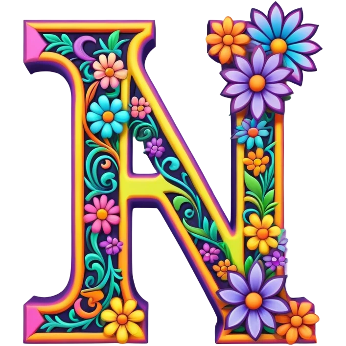 3D, gothic style psychedelic colored Letter I with hippie style flower border emoji
