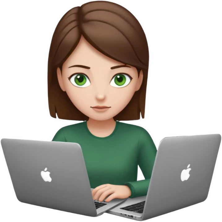 fată cu ochi verzi și păr șaten strâns în partea din spate a capului, lucrând pe un laptop emoji