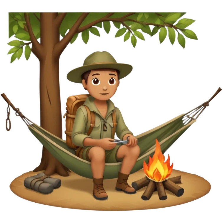 bushcraft adventure camp with campfire and hammock emoji