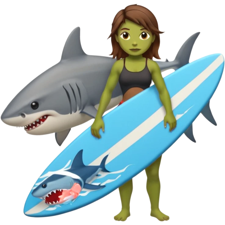 orc female holds a serfingboard with a shark painted vertically in his hands emoji