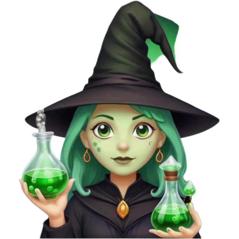 Witch with Green Skin – long-nosed witch in black hat holding potion emoji