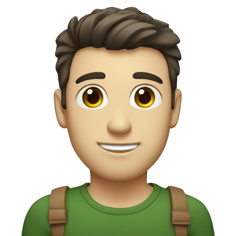 man with the following characteristics: Short, dark brown hair with a minimal quiff (a small upward tuft at the front). Dark green eyes. Friendly and approachable expression. emoji