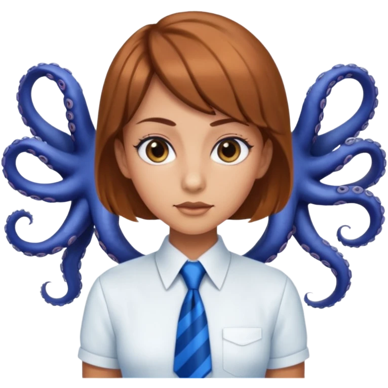 tanned, Doe hazel eyes, Octopus hair cut, White uniform top with blue tie, blue long skirt, Long lashes  emoji