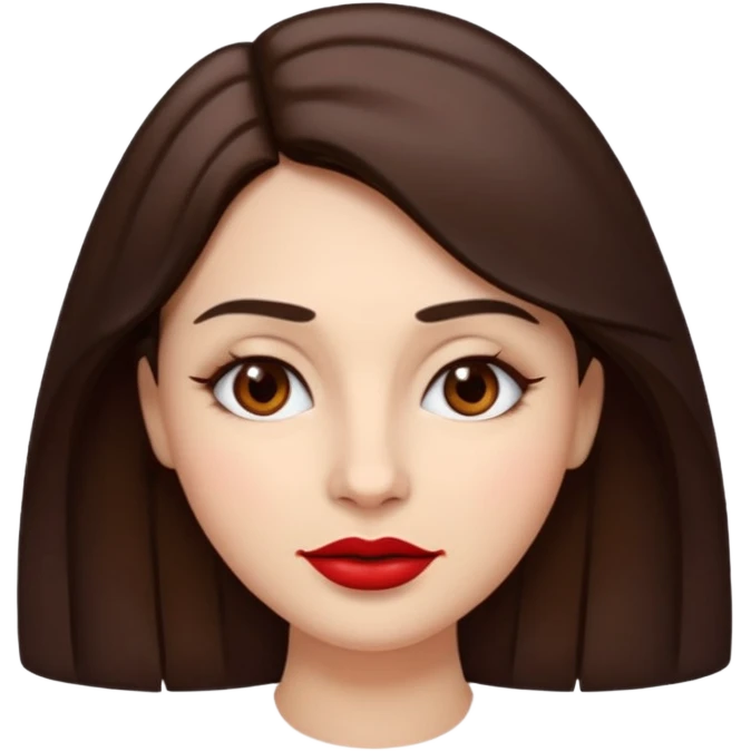 A woman emoji with fair skin, slightly wavy dark brown hair parted in the middle, an oval-shaped face, arched dark eyebrows, almond-shaped brown eyes, a small straight nose, and full lips with deep red lipstick. emoji