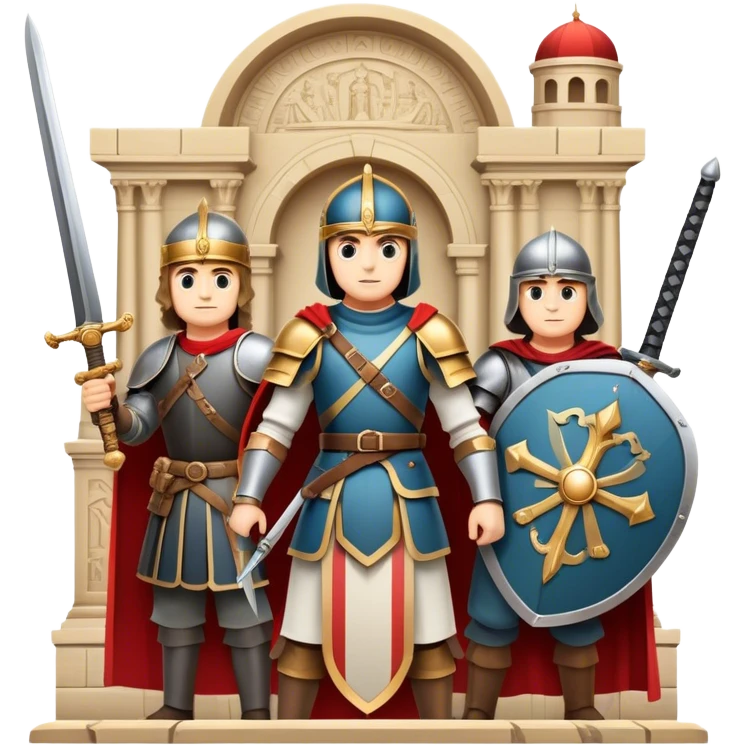 Icon for Historical Movies: A vintage movie poster-style design with elements of ancient architecture, historical figures in period costumes, and a backdrop of a historical event or battle. Include scrolls, swords, and shields. Retro cinematic feel. Transparent background. emoji