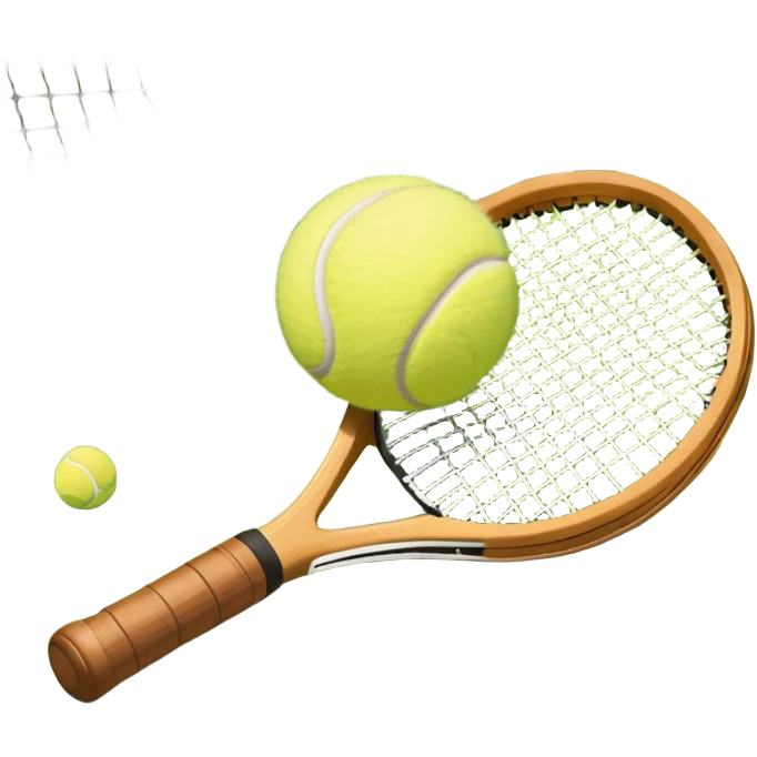 A tennis racket and ball positioned on a grass court, with the net and lines clearly visible in the background. The scene emphasizes the classic elements of the sport, capturing the energy and precision of a tennis match. emoji