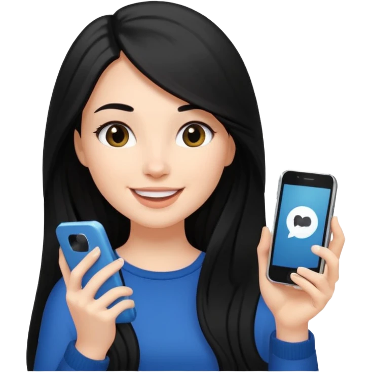 White influencer girl with black long haired, phone in hand, recording herself, confident, trendy, emoji