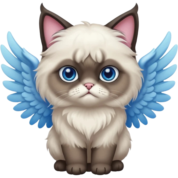 A Himalayan cat with a dark face, dark paws, blue eyes, and angel wings emoji