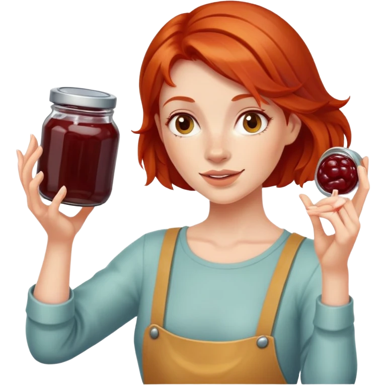 redhead woman showing a glass jar with jam at arms length, closeup emoji
