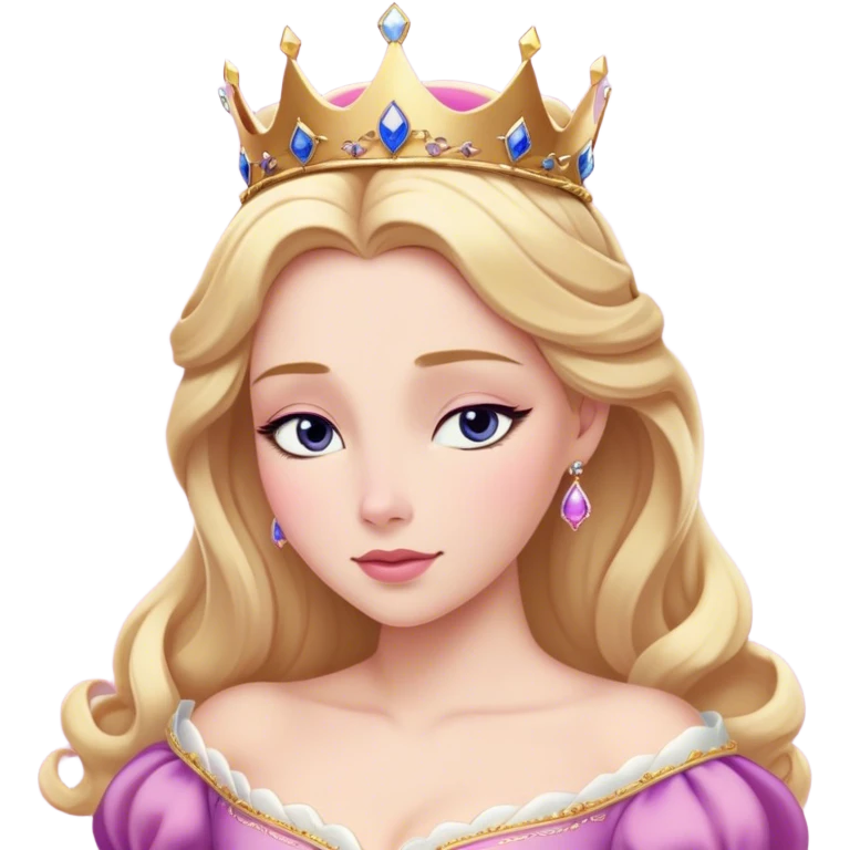Cinematic Realistic Sleeping Beauty (Aurora) Portrait, with porcelain-like skin featuring a natural rosy flush, illuminated by soft lighting that highlights the gentle contours of her face. Her golden blonde hair flows in soft, detailed waves with subtle highlights that shimmer in the light. Her deep violet-blue eyes radiate warmth and innocence, framed by arched brows and long lashes. Her serene expression exudes quiet elegance. She is dressed in her classic pink gown, the fabric rich in texture with delicate folds that catch the light. A golden crown rests atop her head, gleaming with royal refinement. The portrait captures a soft, glowing aura, blending realism with an ethereal sense of beauty and timeless enchantment. emoji