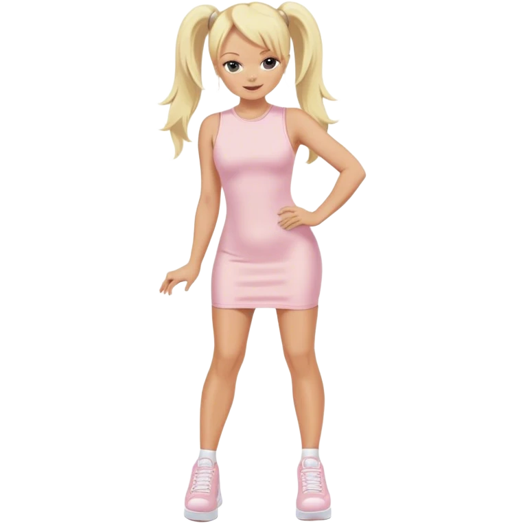 Emma Bunton with long blonde ponytails wearing light pink bodycon dress with white platform sneakers emoji