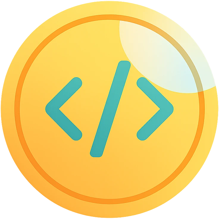 a vibrant colorful coin with coding symbols and a glass effect emoji