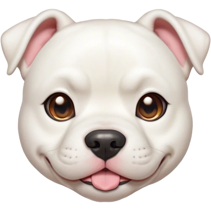 Cinematic Cute White American Bulldog Portrait Emoji, Head tilted playfully and inquisitively, smooth white fur with a healthy sheen, round, sparkling brown eyes filled with curiosity, Simplified yet irresistibly adorable features, highly detailed, glowing with a warm, friendly glow, high shine, affectionate and lively, stylized with a touch of whimsy, bright and endearing, soft glowing outline, capturing the essence of a mischievous yet loving pup, so playful it feels like it could bound out of the screen and into your arms! emoji
