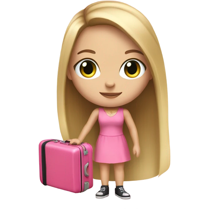 Realistic White girl with Long straight blonde hair and green eyes, tattoos, full body wearing pink dress, holding pink luggage emoji