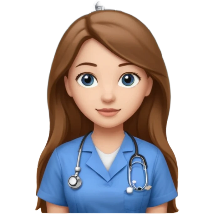 university classroom that says nursing school on the blackboard with a pretty female nursing student with long brown hair, blue eyes emoji