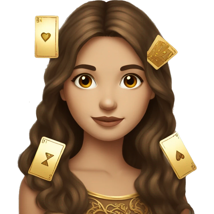 Brown hair beautiful girl with brown tarot gold cards emoji
