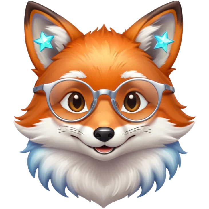 A gentle fox with iridescent fur, a glowing tail, a silver star on its forehead, and round glasses, smiling softly with closed, happy eyes emoji