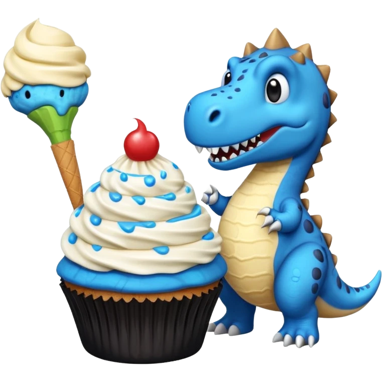 A cupcake having blue and black icing and a dinosaur as a decoration and ice cream next to it emoji