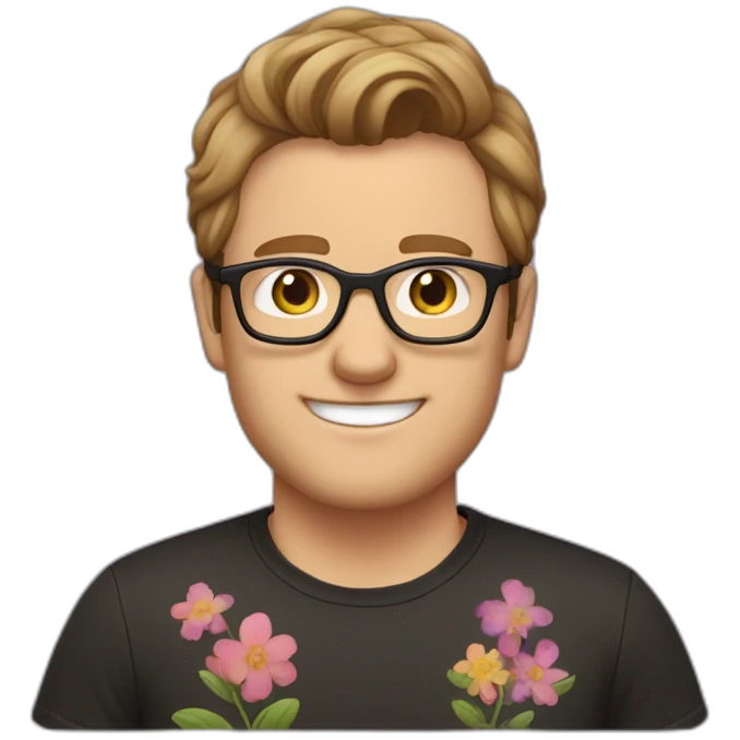 white guy with short brown hair up unshaved wearing glasses and dark t-shirt with flowers print emoji