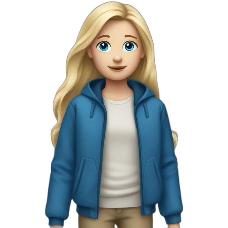 Girl 10 years old. Long blond hair. Blue jacket, big blue eyes. emoji