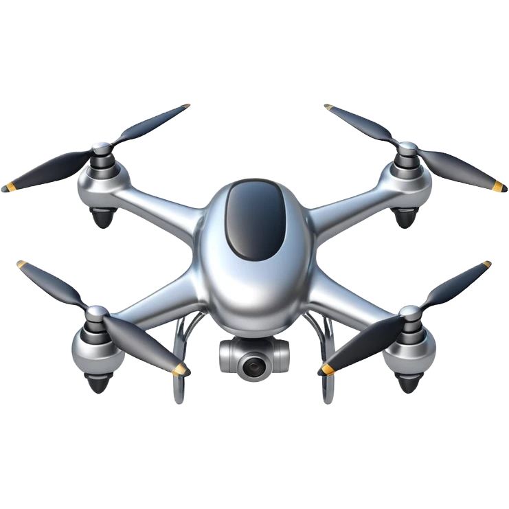 A futuristic drone emoji made of polished silver chrome, smooth rounded body, minimal propellers, reflective metallic surface, soft studio lighting, iOS emoji style, centered, clean white background emoji