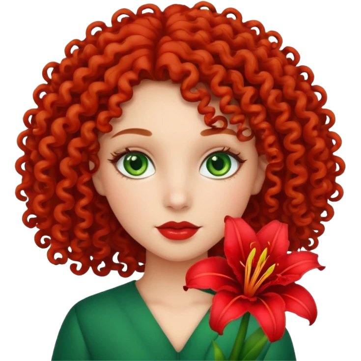 a curly girl withs green eyes and red lily flower emoji