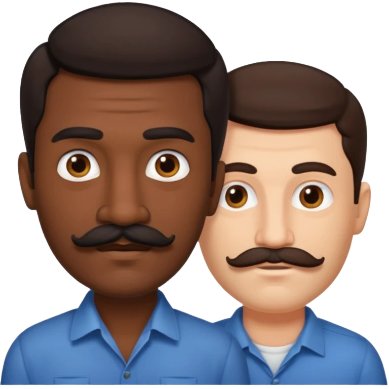 Gay couple. Tall dark indian man with mustache and shorter white man with dark brown hair and no mustache. emoji