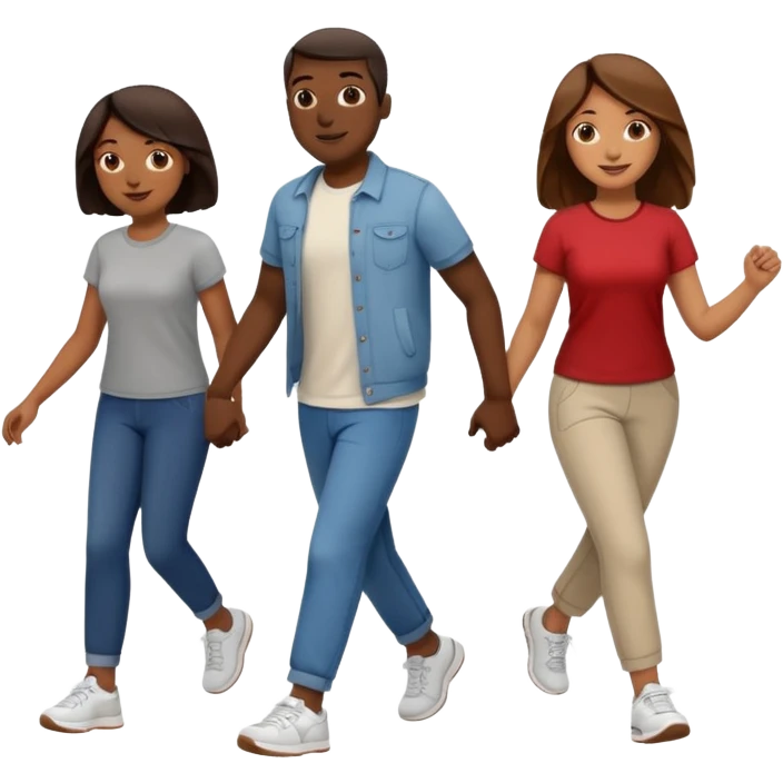 iOS emoji style - a dark men and 2 brown women in casual clothes and wearing trainers. Walking in the same direction quickly together. 
Not holding hands. No backpacks. 
 emoji